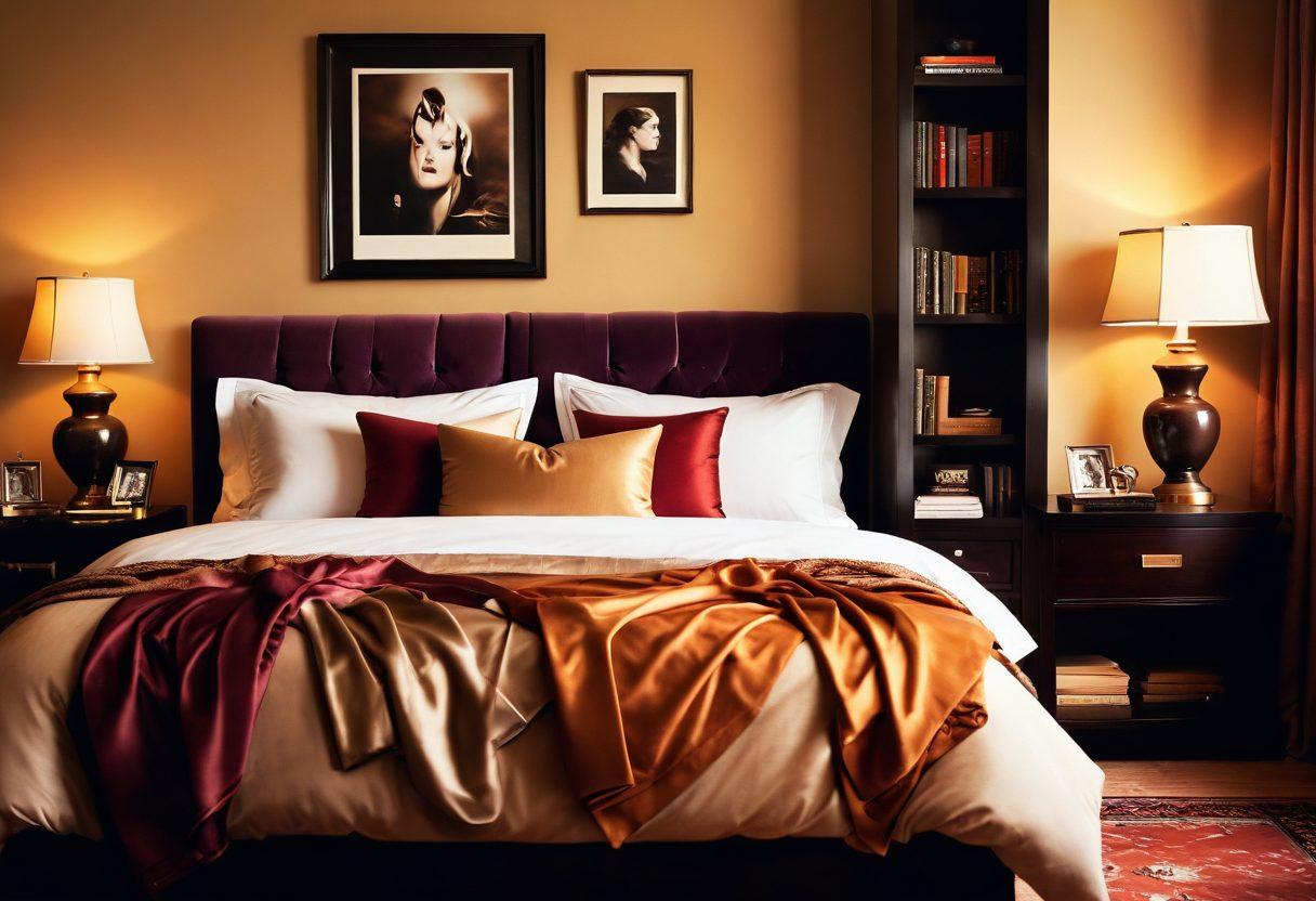 An intimate and inviting bedroom scene featuring soft, warm lighting and tasteful decor. Include subtle hints of kink, such as silk ties and sensuous fabrics, arranged artfully on a luxurious bed. In the background, a cozy nook with a shelf of erotic literature, emphasizing exploration and connection. The ambiance should evoke curiosity and comfort, inviting viewers to delve into the theme of pleasure techniques. super-realistic. warm colors. soft focus.