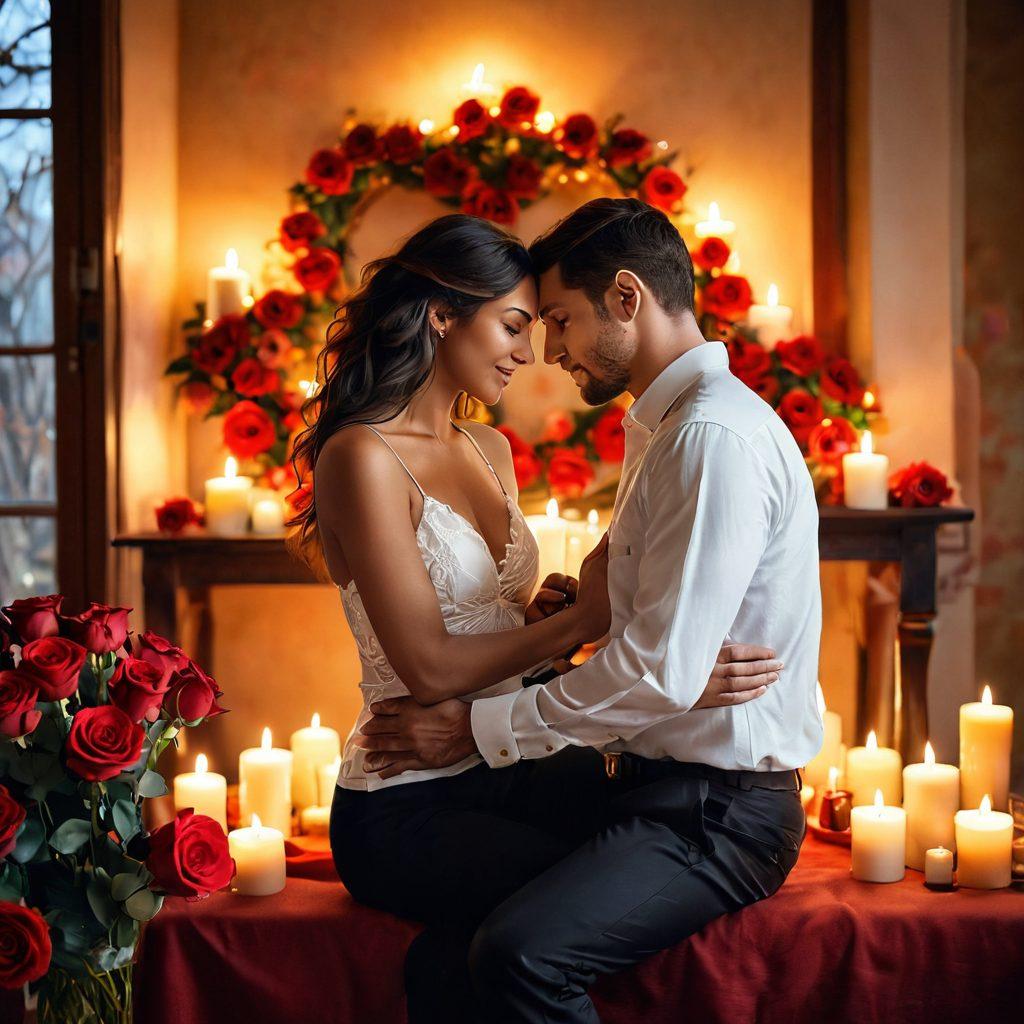 A passionate couple in an intimate, softly-lit setting, surrounded by symbols of love like candles, roses, and artful heart shapes. The atmosphere should evoke warmth and connection, with subtle hints of wellness elements like essential oils and soft fabrics in the background. Their expressions convey deep affection and joy, inviting readers to explore their own romantic journeys. soft focus. warm colors. digital painting.