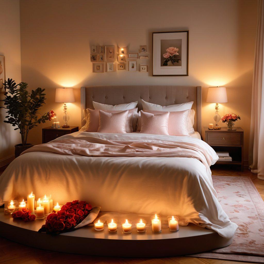 An enchanting scene featuring a warm, softly lit bedroom filled with delicate candles and plush pillows, where a couple is playfully interacting, expressing intimacy and connection. Surround them with subtle symbols of desire, like roses and silk sheets, while maintaining an inviting atmosphere that conveys exploration and romance. The focus should be on their genuine smiles and tender gestures. super-realistic. warm colors. soft lighting.
